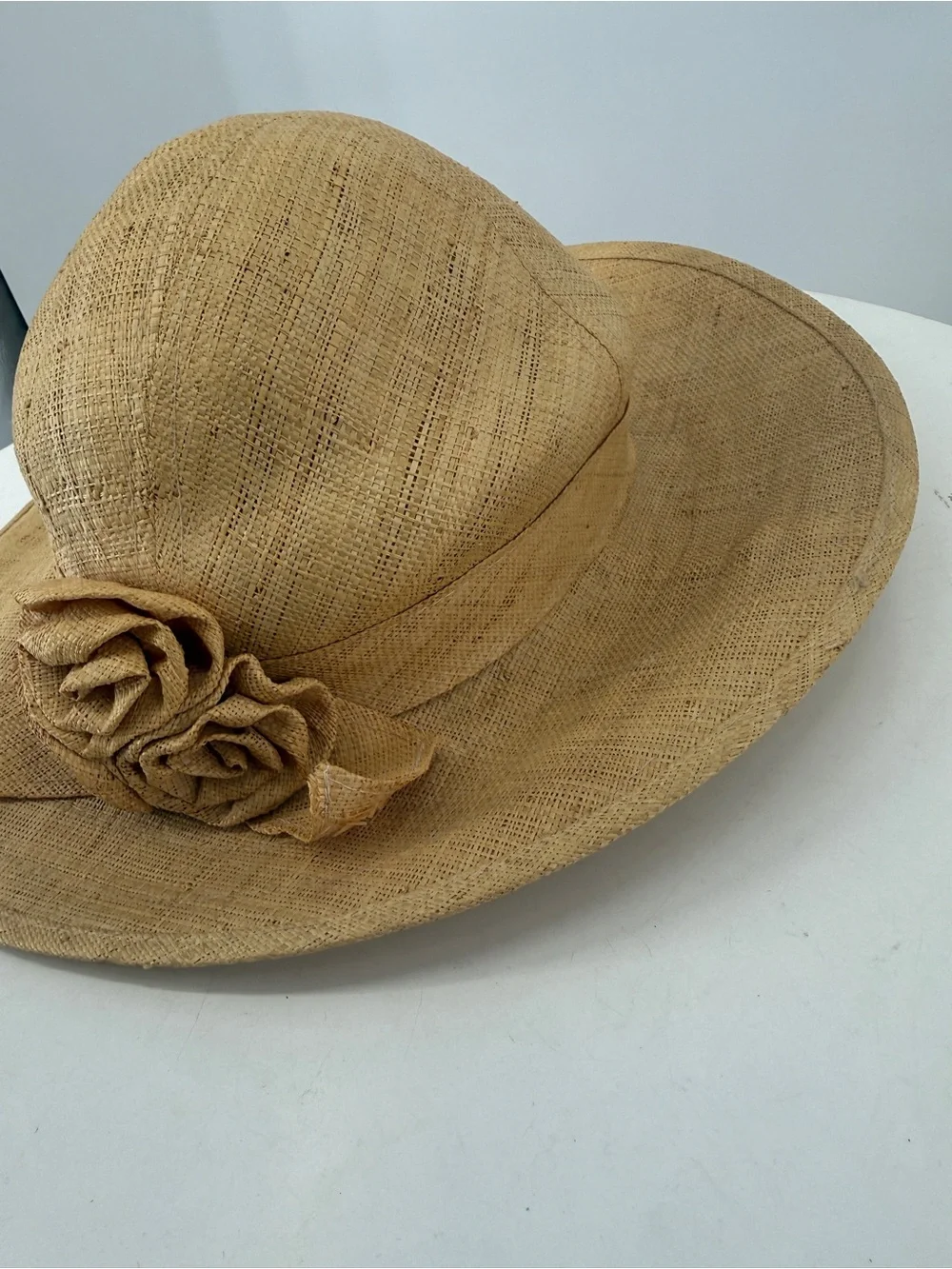 Vintage Lord & Taylor Florette Wide Brim Natural Paper Straw Floral Womens Hat
